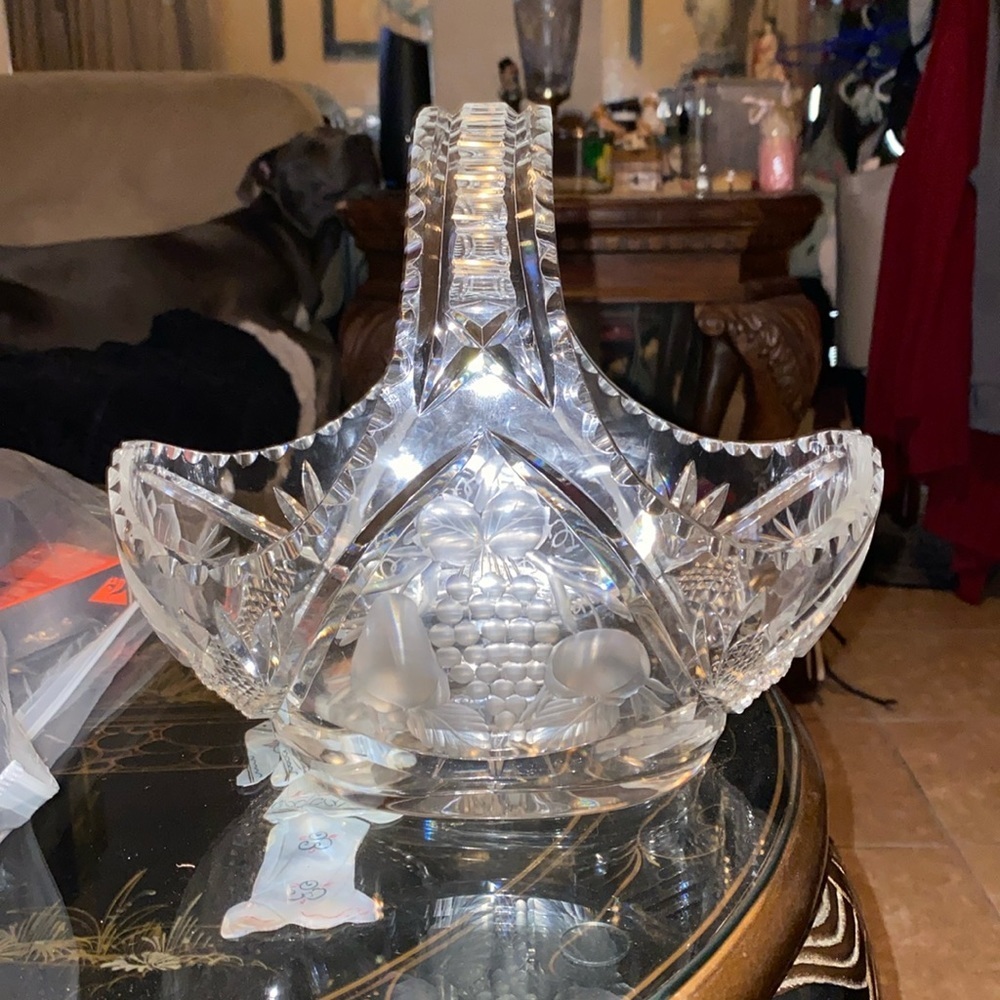 Vintage 1960's Czech Basket Clear Cut Glass Crystal Cross Pattern Fruit Basket